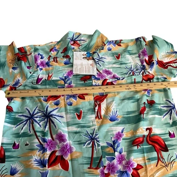 Hawaiian Green and Red Notched Collar Button Down Shirt - Picture 7 of 9